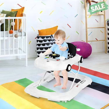 2-in-1 Foldable Baby Walker with Music Player and Lights in White - Ideal for infants learning to walk.