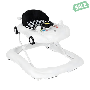2-in-1 foldable baby walker with music player and lights, shown from angle 2, in white color.