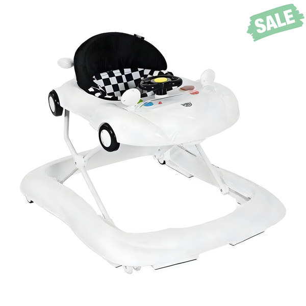 2-in-1 foldable baby walker with music player and lights, shown from angle 2, in white color.