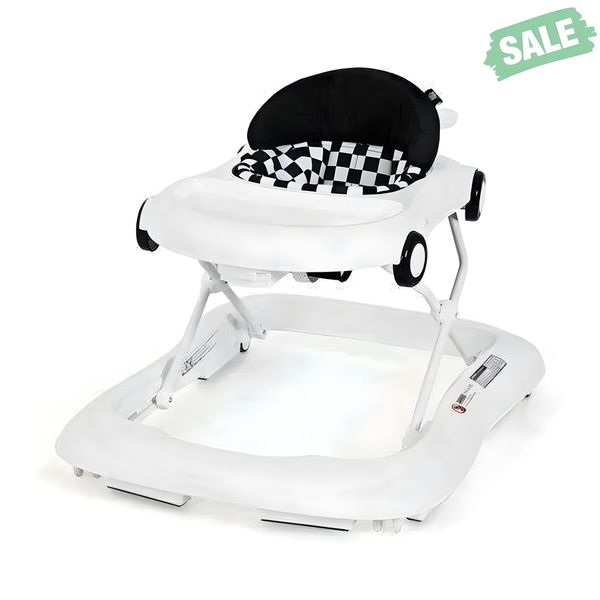 2-in-1 Foldable Baby Walker with Music Player and Lights in white, viewed from angle 3. Perfect for infants learning to walk.