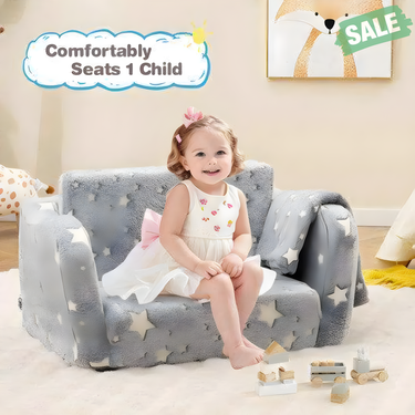 2-in-1 Folding Kids Couch with Glow in the Dark Blanket - Gray, perfect for playtime and relaxation.