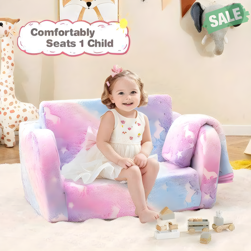 2-in-1 Folding Kids Couch with Glow in the Dark Blanket - Multicolor, perfect for playtime and relaxation.