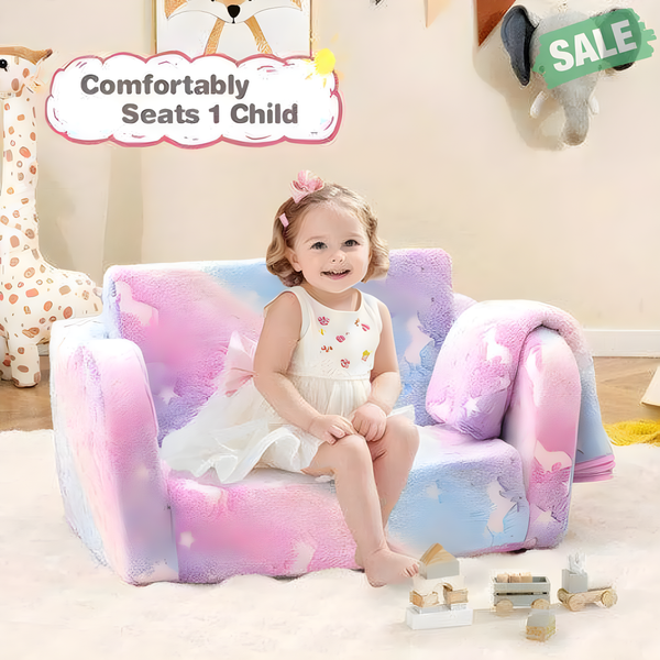 2-in-1 folding kids couch with glow-in-the-dark blanket, multicolor design, perfect for playtime and relaxation.