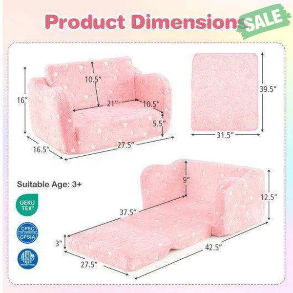 2-in-1 Folding Kids Couch with Blanket Glow in the Dark-Pink