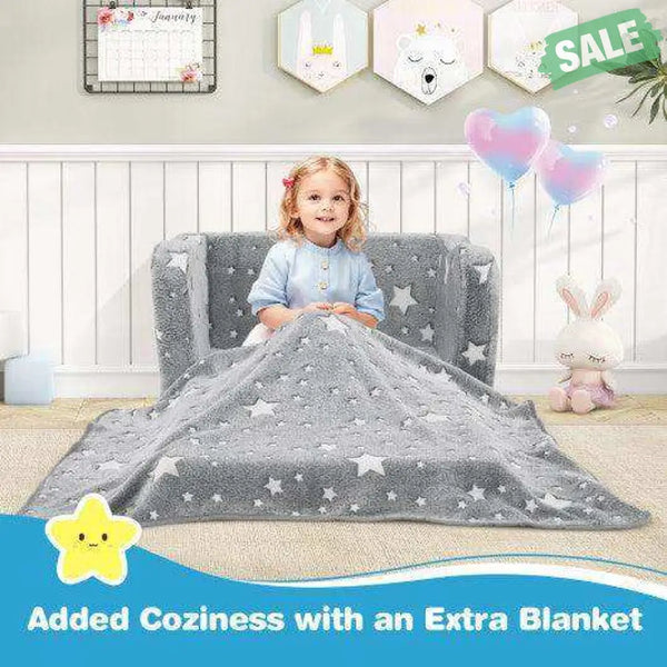 2-in-1 Folding Kids Couch with Blanket Glow in the Dark-Gray