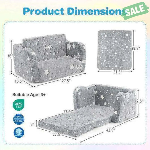 2-in-1 Folding Kids Couch with Blanket Glow in the Dark-Gray