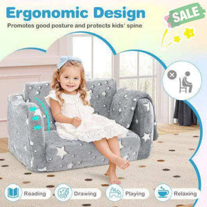 2-in-1 Folding Kids Couch with Blanket Glow in the Dark-Gray