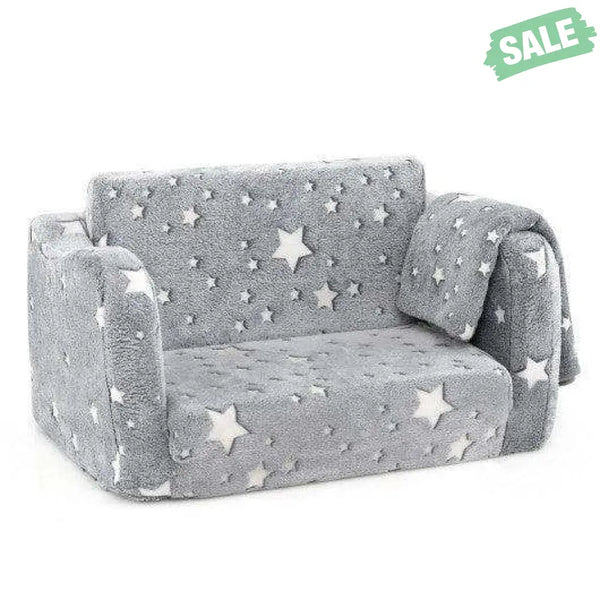 2-in-1 Folding Kids Couch with Blanket Glow in the Dark-Gray