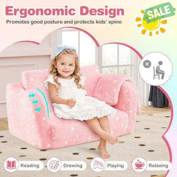 2-in-1 Folding Kids Couch with Blanket Glow in the Dark-Pink