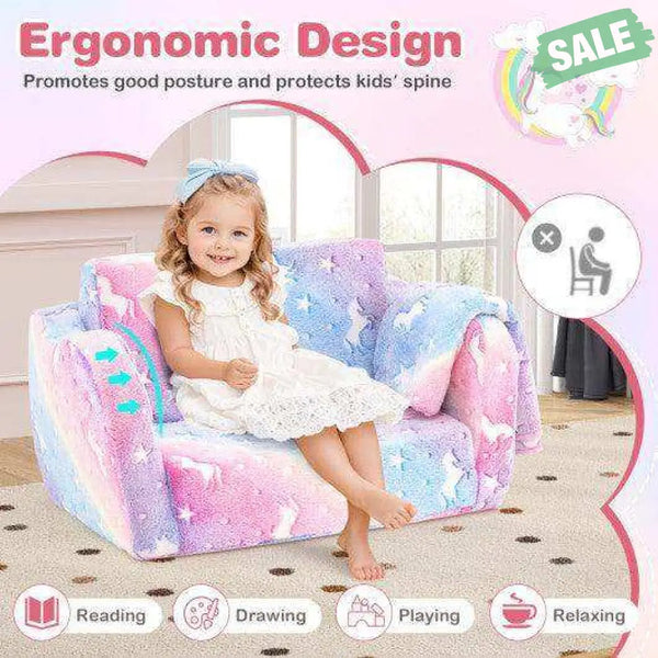 2-in-1 Folding Kids Couch with Blanket Glow in the Dark-Multicolor Multicolor Kids Chairs & Seating