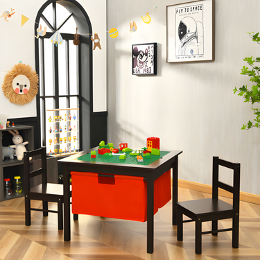 2-in-1 Kids Activity Table with 2 Chairs and Storage for Building Blocks - Espresso Color