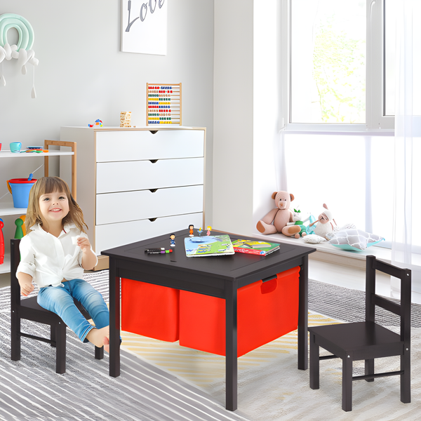 2-in-1 kids activity table with 2 chairs and storage for building blocks, espresso finish, angle view.
