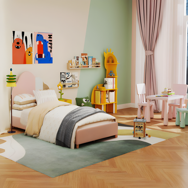 2-in-1 Kids Furniture Set: Twin Bed Frame & 3-Piece Activity Table and Chair Set for toddlers.