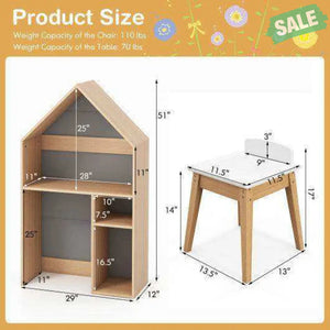 2-in-1 Kids House-Shaped Table and Chair Set-Gray Kids Table & Chair Sets