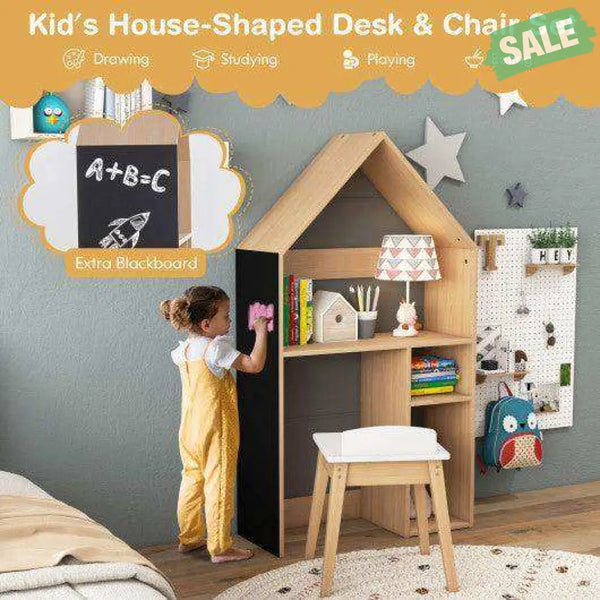 2-in-1 Kids House-Shaped Table and Chair Set-Gray Kids Table & Chair Sets