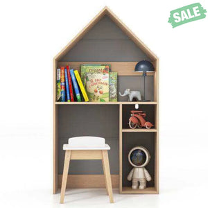 2-in-1 Kids House-Shaped Table and Chair Set-Gray Kids Table & Chair Sets