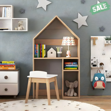 Gray 2-in-1 kids house-shaped table and chair set for playtime and learning. Perfect for toddlers and young children.