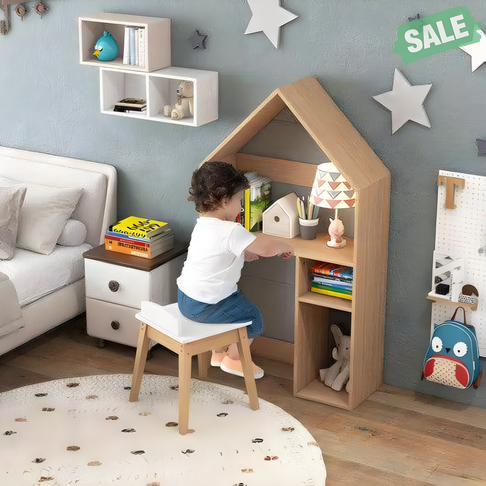 Gray 2-in-1 kids house-shaped table and chair set for playtime and learning. Perfect for toddlers and young children.