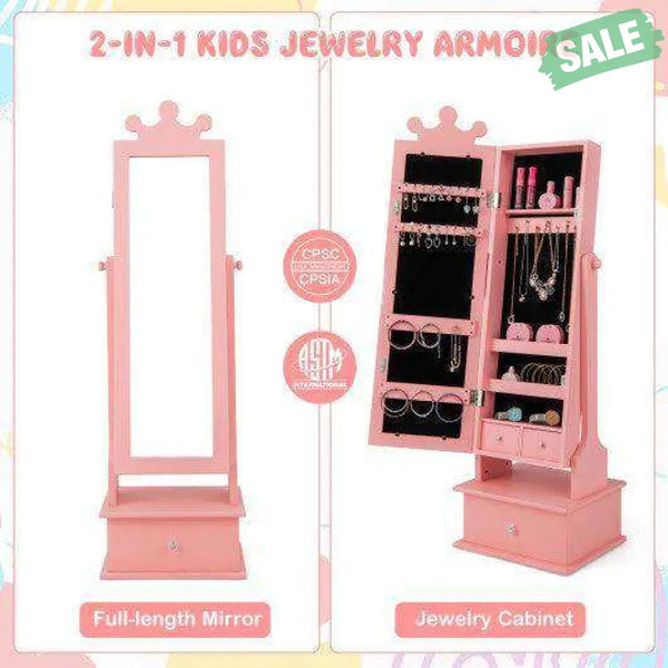 2-in-1 Kids Play Jewelry Armoire with Full Length Mirror and Drawers-Pink Pink Kids Vanities