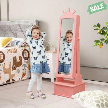 2-in-1 Kids Play Jewelry Armoire with Full Length Mirror and Drawers-Pink Pink Kids Vanities