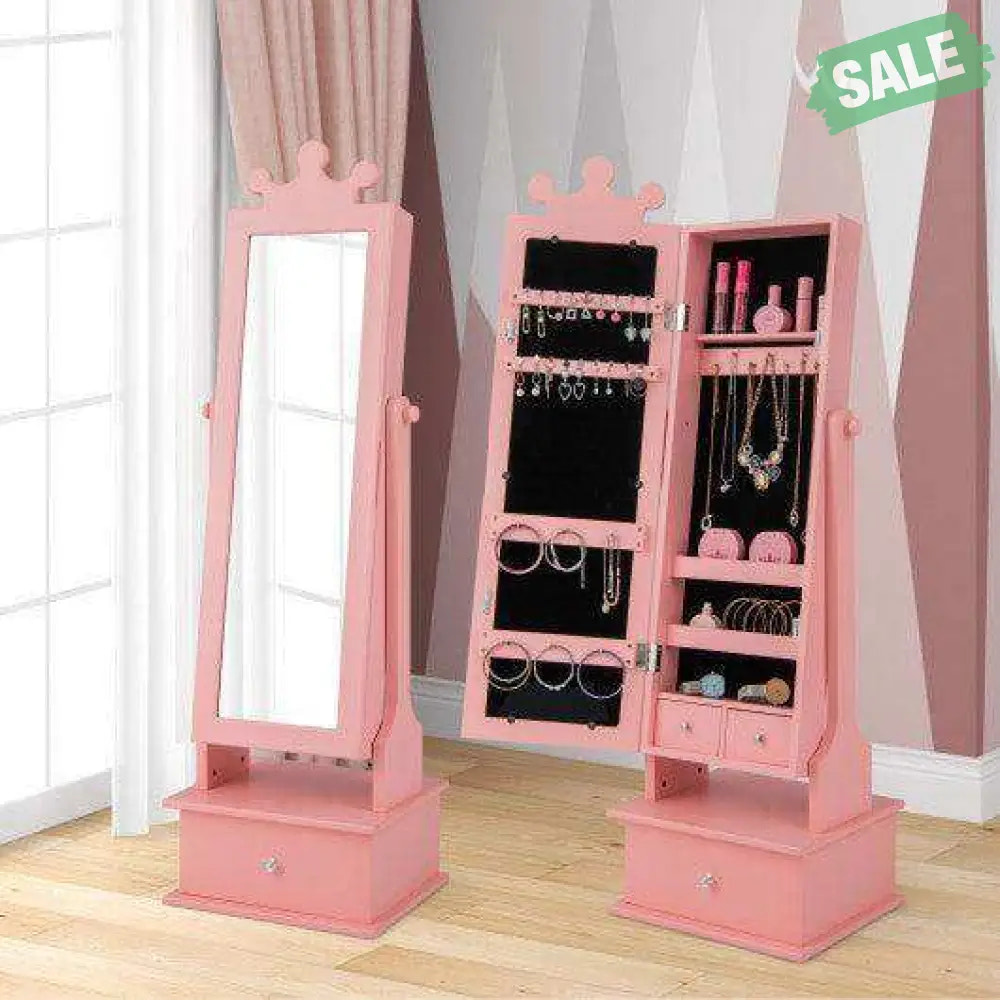 2-in-1 Kids Play Jewelry Armoire with Full Length Mirror and Drawers-Pink Pink Kids Vanities