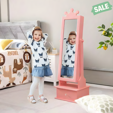2-in-1 pink kids play jewelry armoire with full-length mirror and drawers for imaginative play and organization.