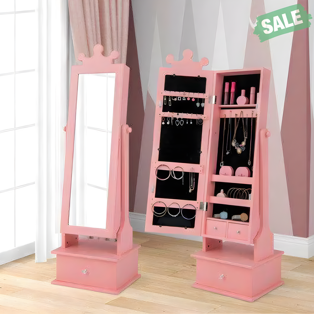 2-in-1 pink kids play jewelry armoire with full-length mirror and drawers for imaginative play and organization.