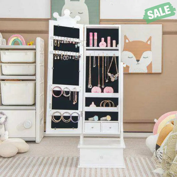 2-in-1 Kids Play Jewelry Armoire with Full Length Mirror and Drawers-White