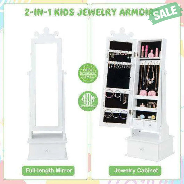 2-in-1 Kids Play Jewelry Armoire with Full Length Mirror and Drawers-White