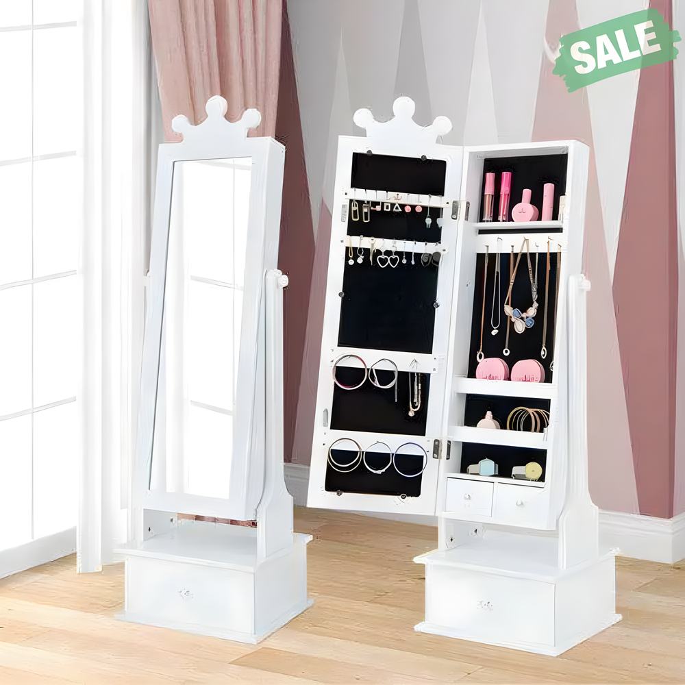 2-in-1 Kids Play Jewelry Armoire with Full Length Mirror and Drawers in White for stylish storage solutions.