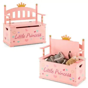 2-In-1 Kids Princess Wooden Toy Box with Safe Hinged Lid-Pink Kids Storage