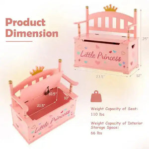 2-In-1 Kids Princess Wooden Toy Box with Safe Hinged Lid-Pink Kids Storage