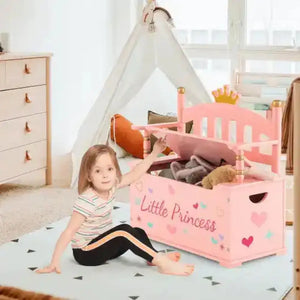 2-In-1 Kids Princess Wooden Toy Box with Safe Hinged Lid-Pink Kids Storage