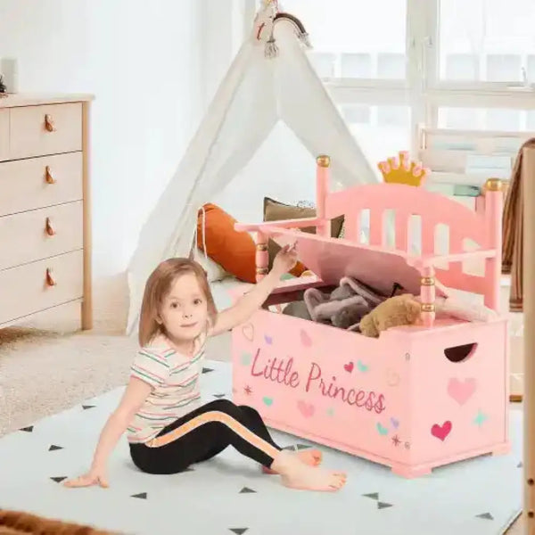 2-In-1 Kids Princess Wooden Toy Box with Safe Hinged Lid-Pink Kids Storage