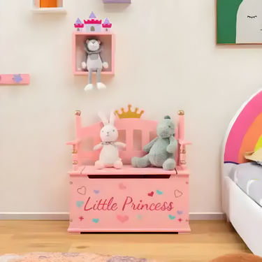 2-In-1 Kids Princess Wooden Toy Box in Pink with Safe Hinged Lid for Stylish Storage Solutions.