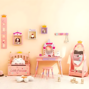 2-In-1 Kids Princess Wooden Toy Box in pink with safe hinged lid, perfect for stylish kids storage. Angle view.