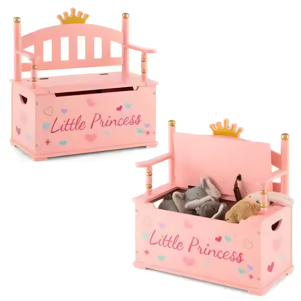 2-In-1 Kids Princess Wooden Toy Box with hinged lid in pink, perfect for stylish and safe storage solutions.