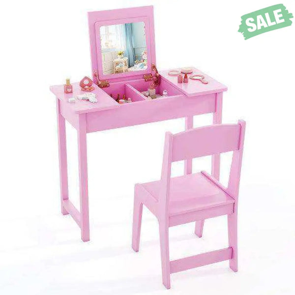2-in-1 Kids Vanity Makeup Table and Chair Set with Flip Top Mirror-Pink Pink Kids Vanities