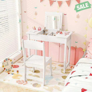 2-in-1 Kids Vanity Makeup Table and Chair Set with Flip Top Mirror-Pink Pink Kids Vanities
