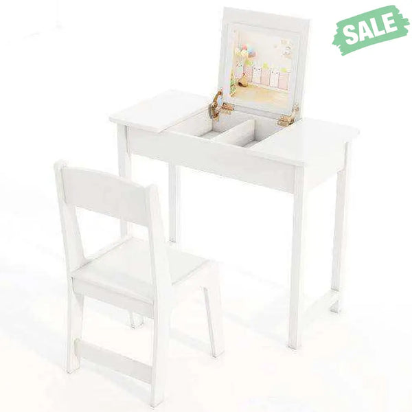 2-in-1 Kids Vanity Makeup Table and Chair Set with Flip Top Mirror-Pink Pink Kids Vanities