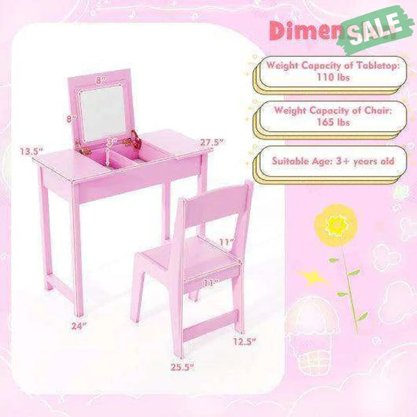 2-in-1 Kids Vanity Makeup Table and Chair Set with Flip Top Mirror-Pink Pink Kids Vanities