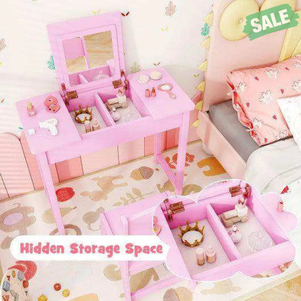 2-in-1 Kids Vanity Makeup Table and Chair Set with Flip Top Mirror-Pink Pink Kids Vanities
