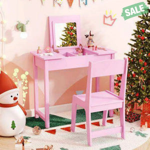 2-in-1 Kids Vanity Makeup Table and Chair Set with Flip Top Mirror-Pink Pink Kids Vanities