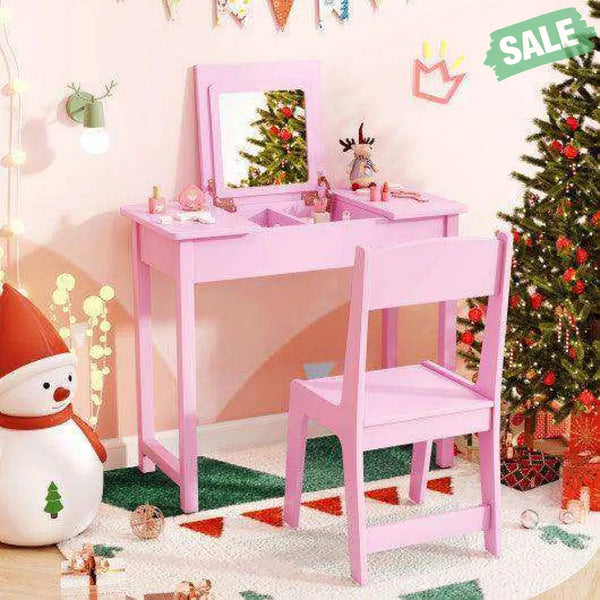 2-in-1 Kids Vanity Makeup Table and Chair Set with Flip Top Mirror-Pink Pink Kids Vanities