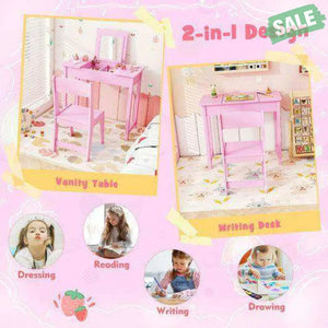 2-in-1 Kids Vanity Makeup Table and Chair Set with Flip Top Mirror-Pink Pink Kids Vanities