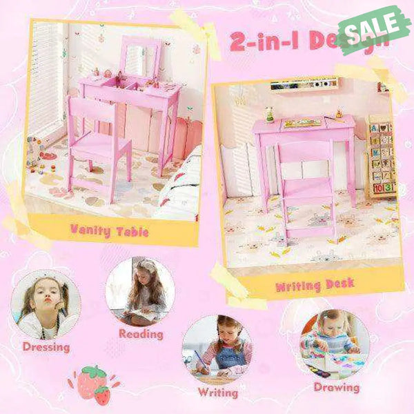 2-in-1 Kids Vanity Makeup Table and Chair Set with Flip Top Mirror-Pink Pink Kids Vanities