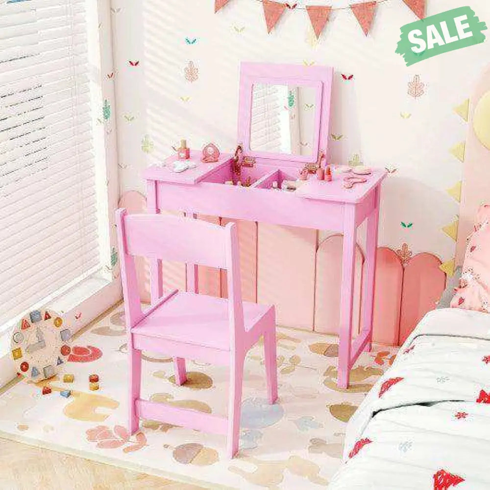 2-in-1 Kids Vanity Makeup Table and Chair Set with Flip Top Mirror-Pink Pink Kids Vanities