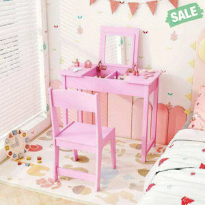 2-in-1 Kids Vanity Makeup Table and Chair Set with Flip Top Mirror-Pink Pink Kids Vanities