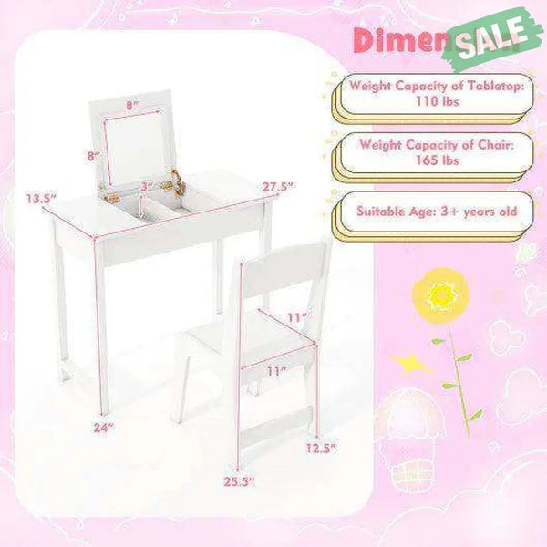 2-in-1 Kids Vanity Makeup Table and Chair Set with Flip Top Mirror-Pink Pink Kids Vanities