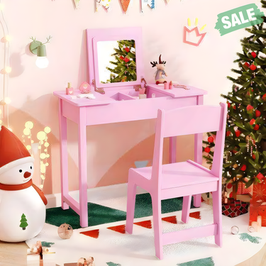 2-in-1 Kids Vanity Makeup Table and Chair Set with Flip Top Mirror in Pink for imaginative play.